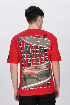 Men Graphic Print Round Neck Cotton Blend Red T-Shirt Retro Men-1