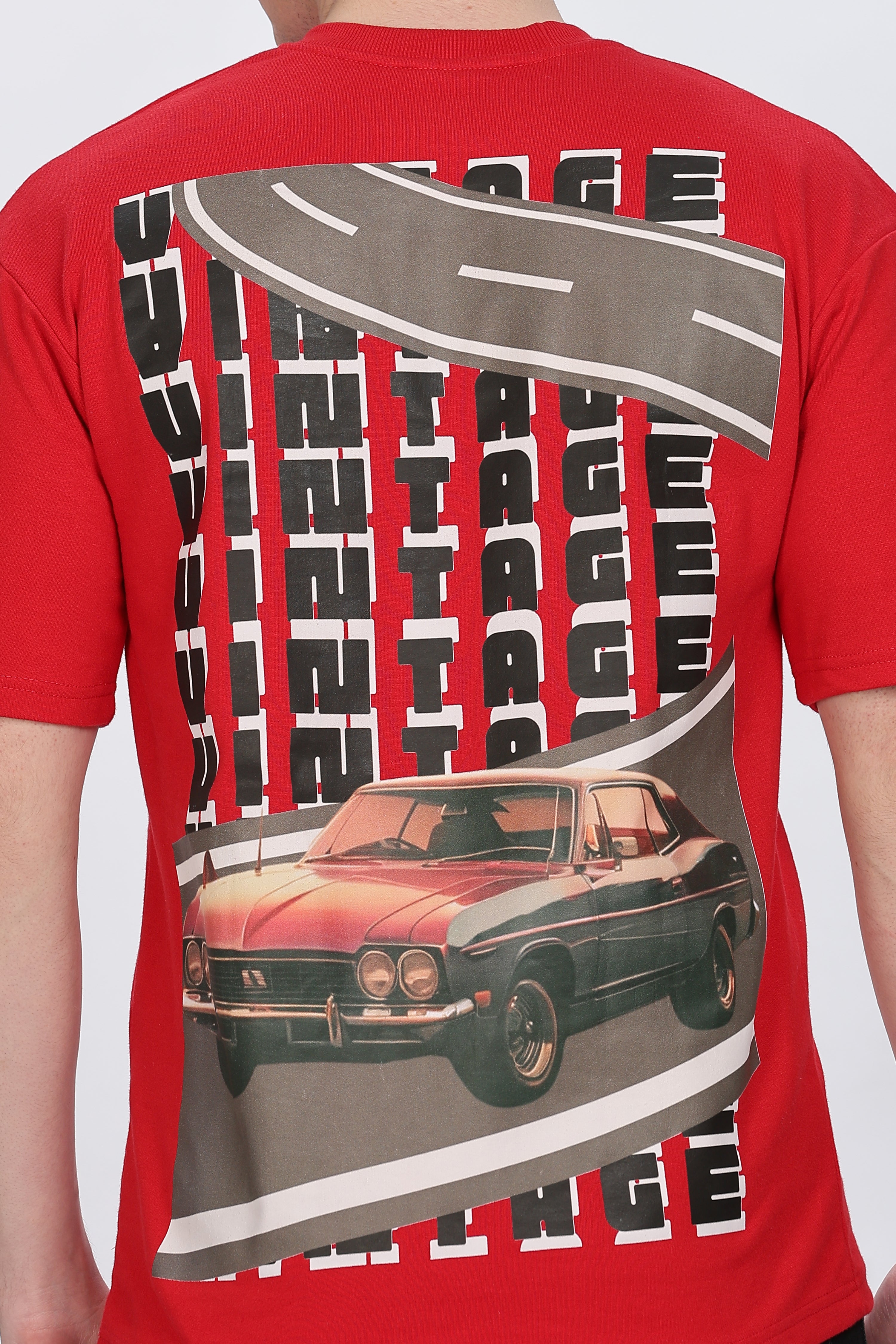 Men Graphic Print Round Neck Cotton Blend Red T-Shirt Retro Men-3
