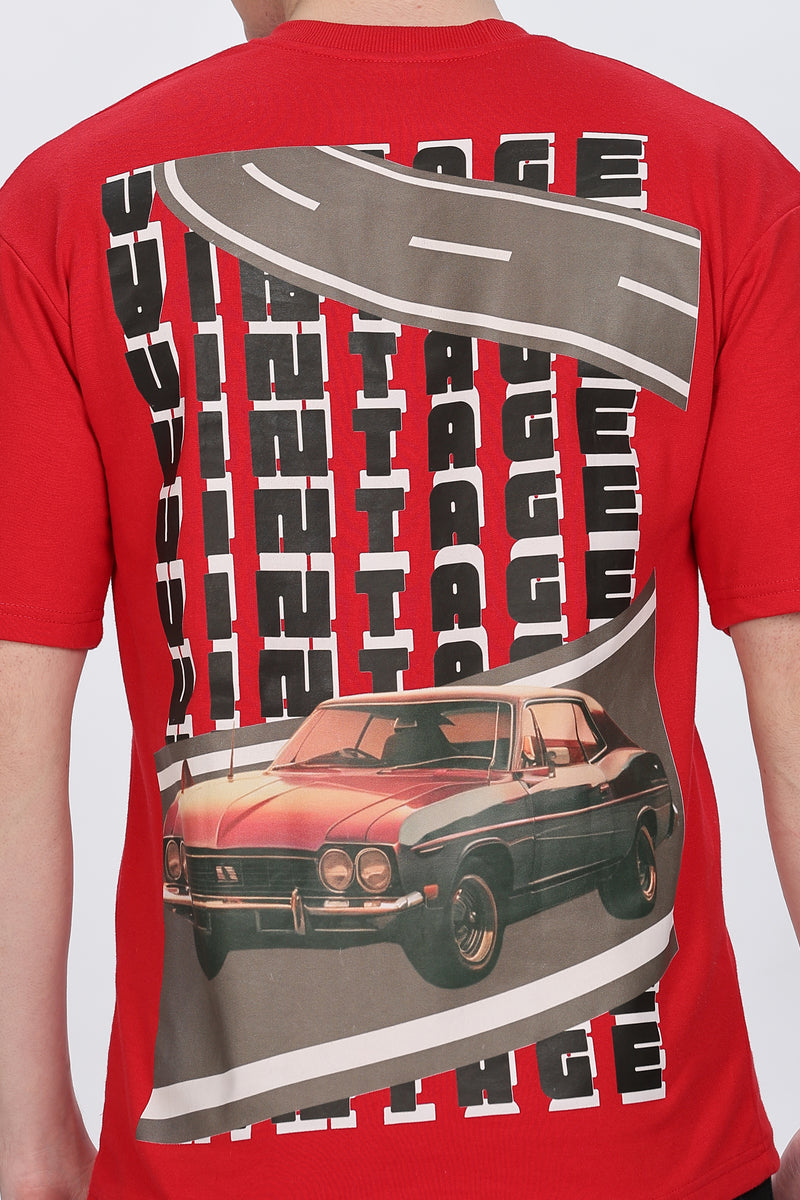 Men Graphic Print Round Neck Cotton Blend Red T-Shirt Retro Men-3