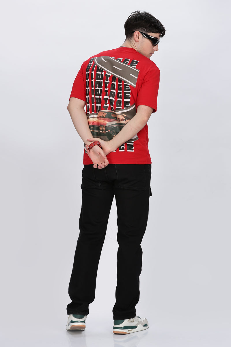 Men Graphic Print Round Neck Cotton Blend Red T-Shirt Retro Men-9