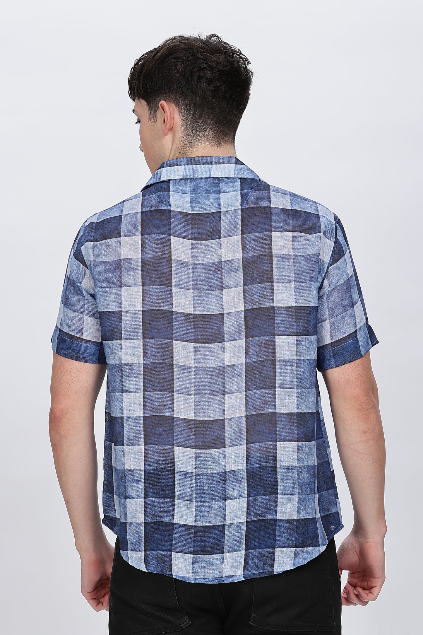 Regular Fit Printed Collar Casual Blue Linen Shirt