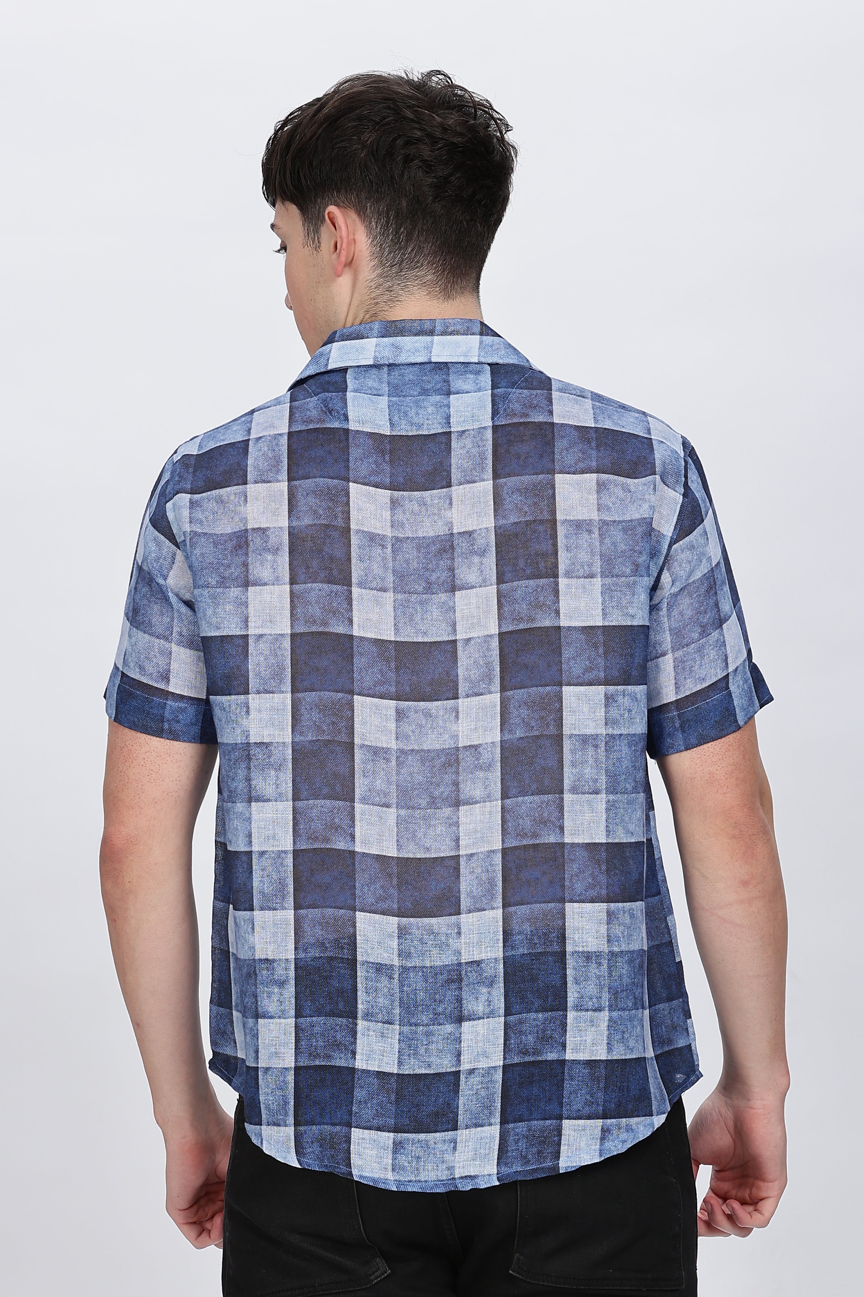 Regular Fit Printed Collar Casual Blue Linen Shirt Retro Men-3
