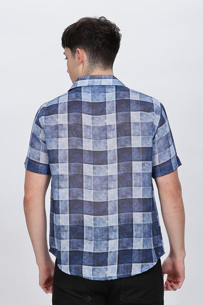 Regular Fit Printed Collar Casual Blue Linen Shirt