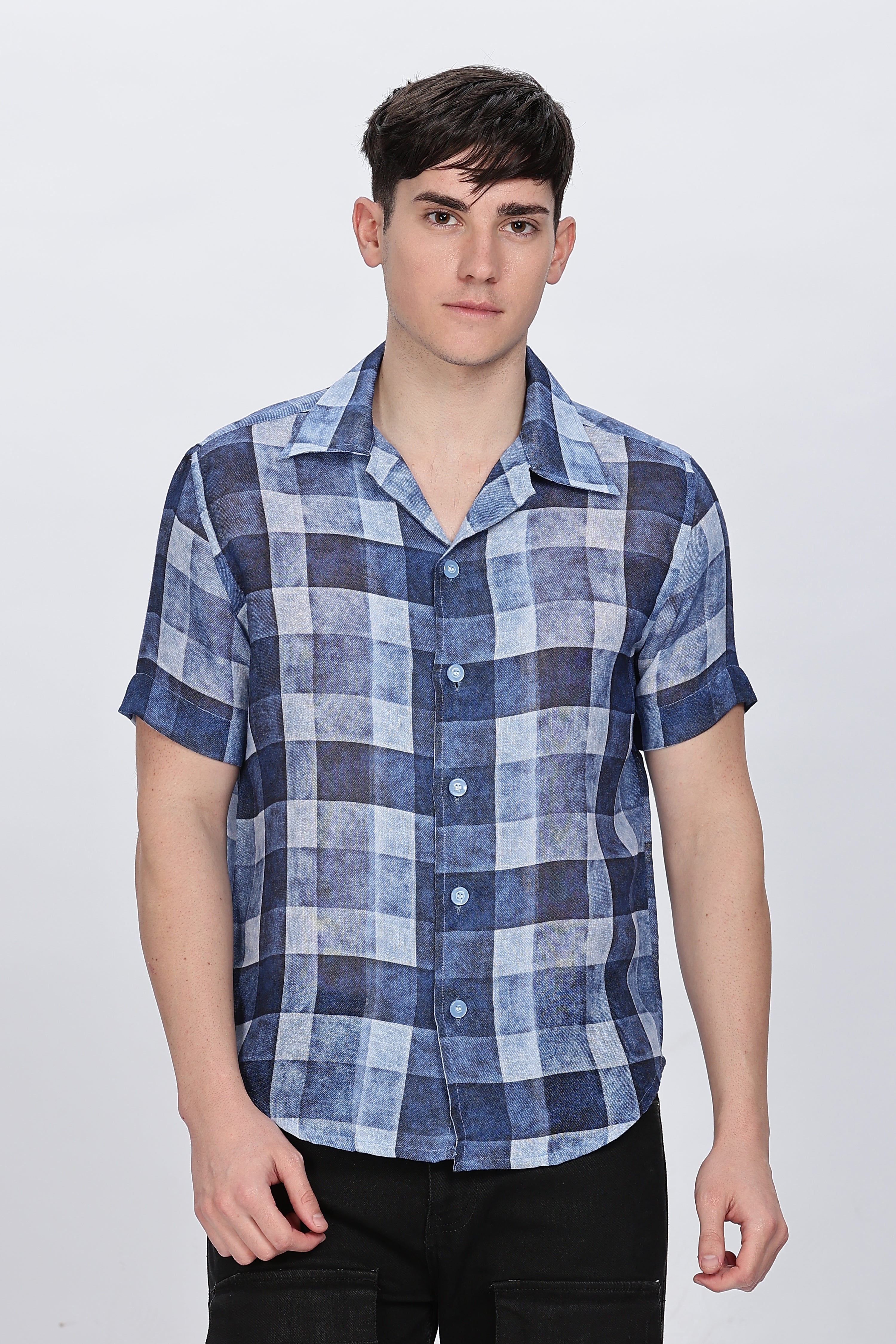 Regular Fit Printed Collar Casual Blue Linen Shirt Retro Men-5