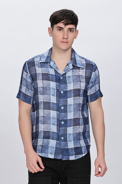 Regular Fit Printed Collar Casual Blue Linen Shirt
