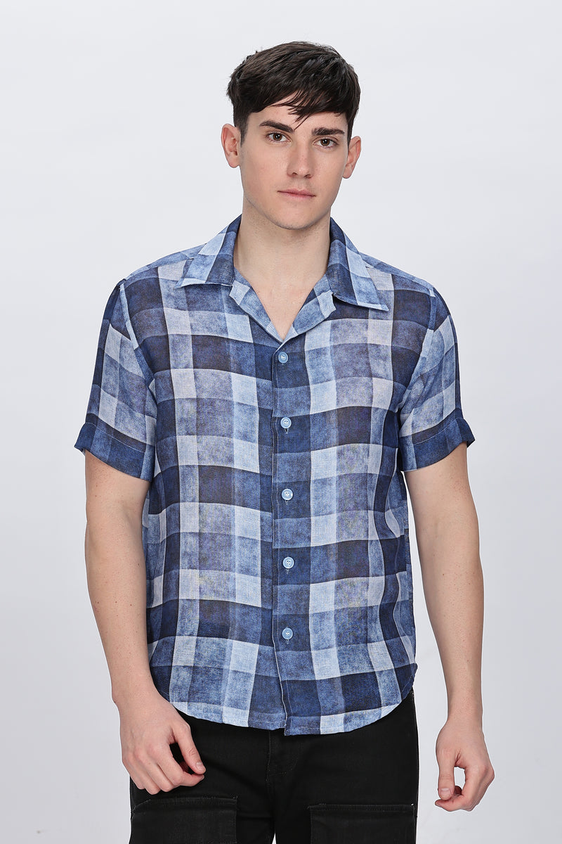 Regular Fit Printed Collar Casual Blue Linen Shirt Retro Men-5