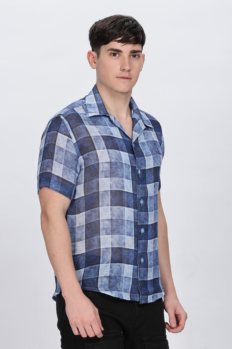Regular Fit Printed Collar Casual Blue Linen Shirt Retro Men-6