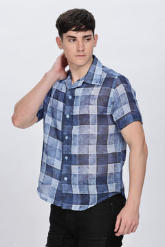 Regular Fit Printed Collar Casual Blue Linen Shirt Retro Men-2