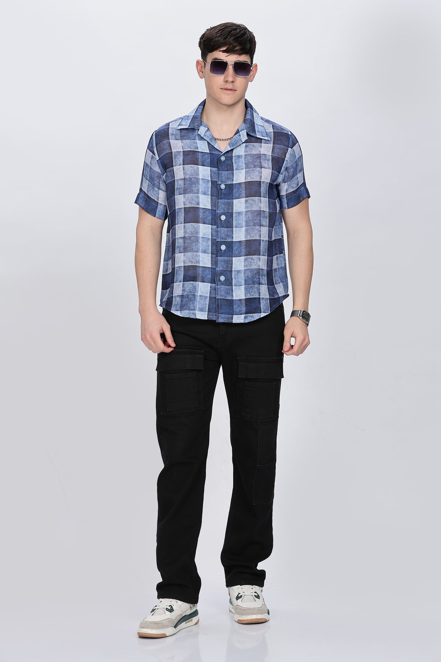 Regular Fit Printed Collar Casual Blue Linen Shirt