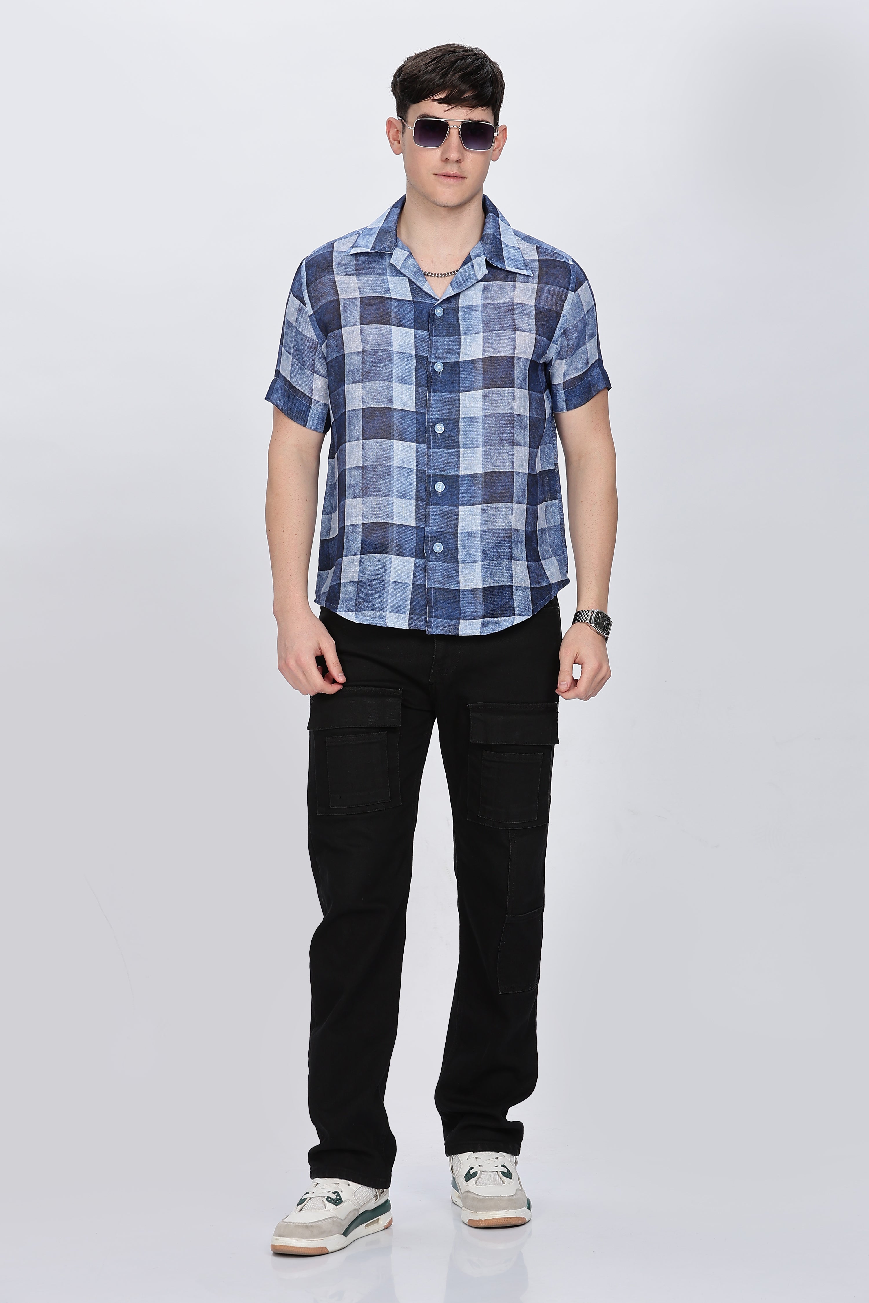 Regular Fit Printed Collar Casual Blue Linen Shirt Retro Men-7