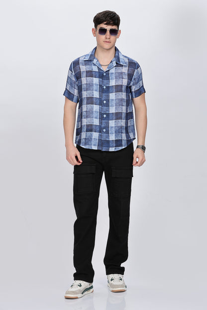 Regular Fit Printed Collar Casual Blue Linen Shirt