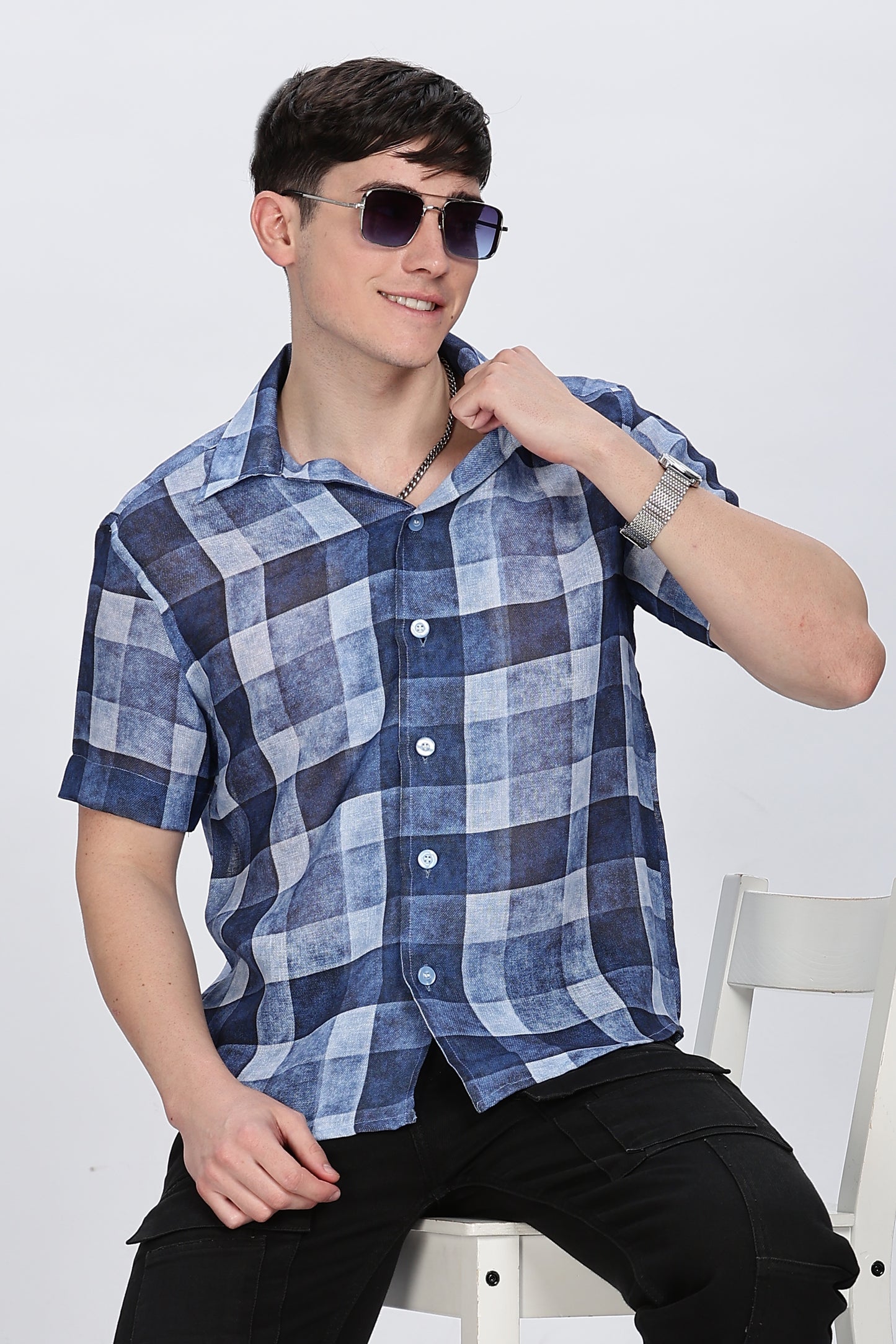 Regular Fit Printed Collar Casual Blue Linen Shirt