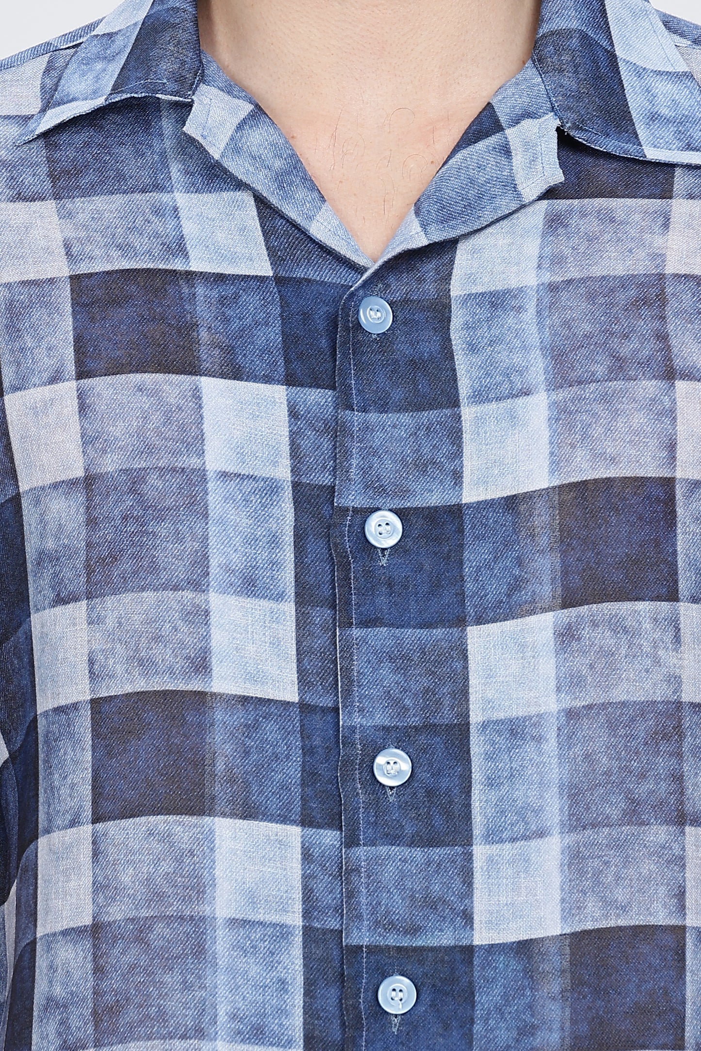 Regular Fit Printed Collar Casual Blue Linen Shirt
