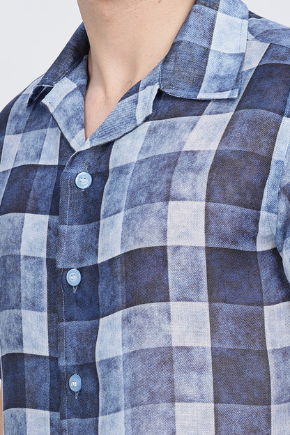 Regular Fit Printed Collar Casual Blue Linen Shirt