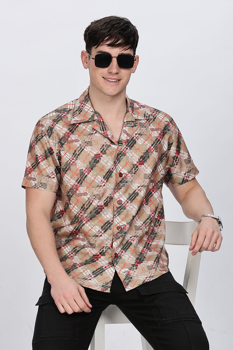 Mens Regular Fit Brown Casual Shirt Retro Men-1