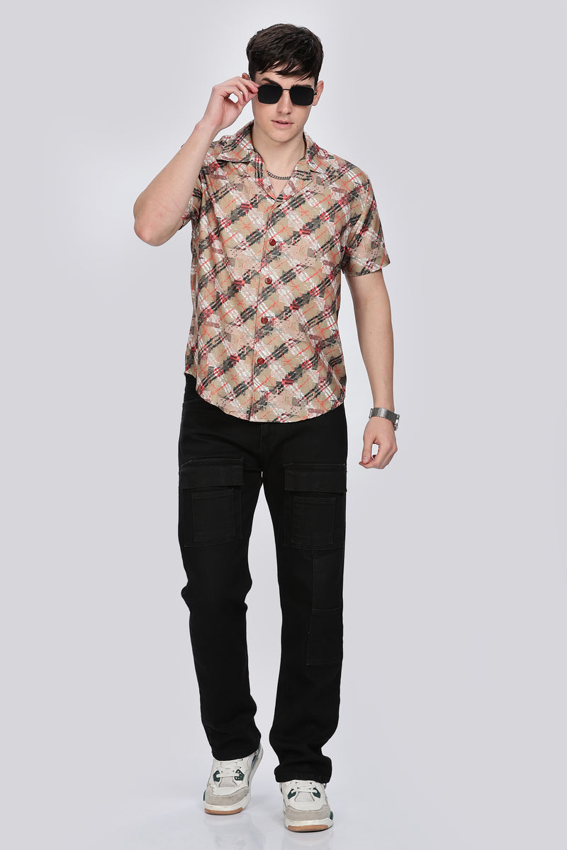 Mens Regular Fit Brown Casual Shirt Retro Men-5