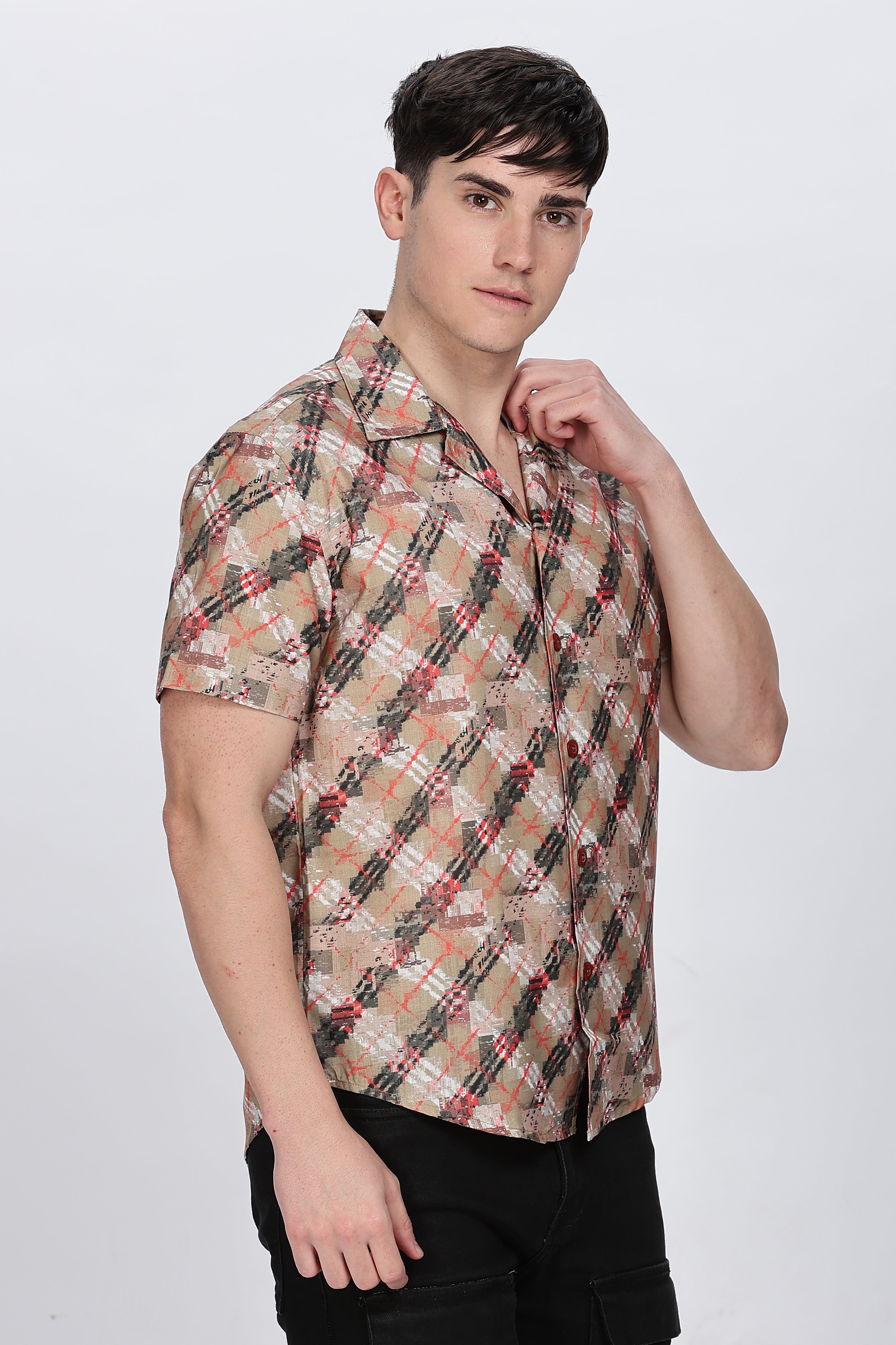 Mens Regular Fit Brown Casual Shirt Retro Men-3