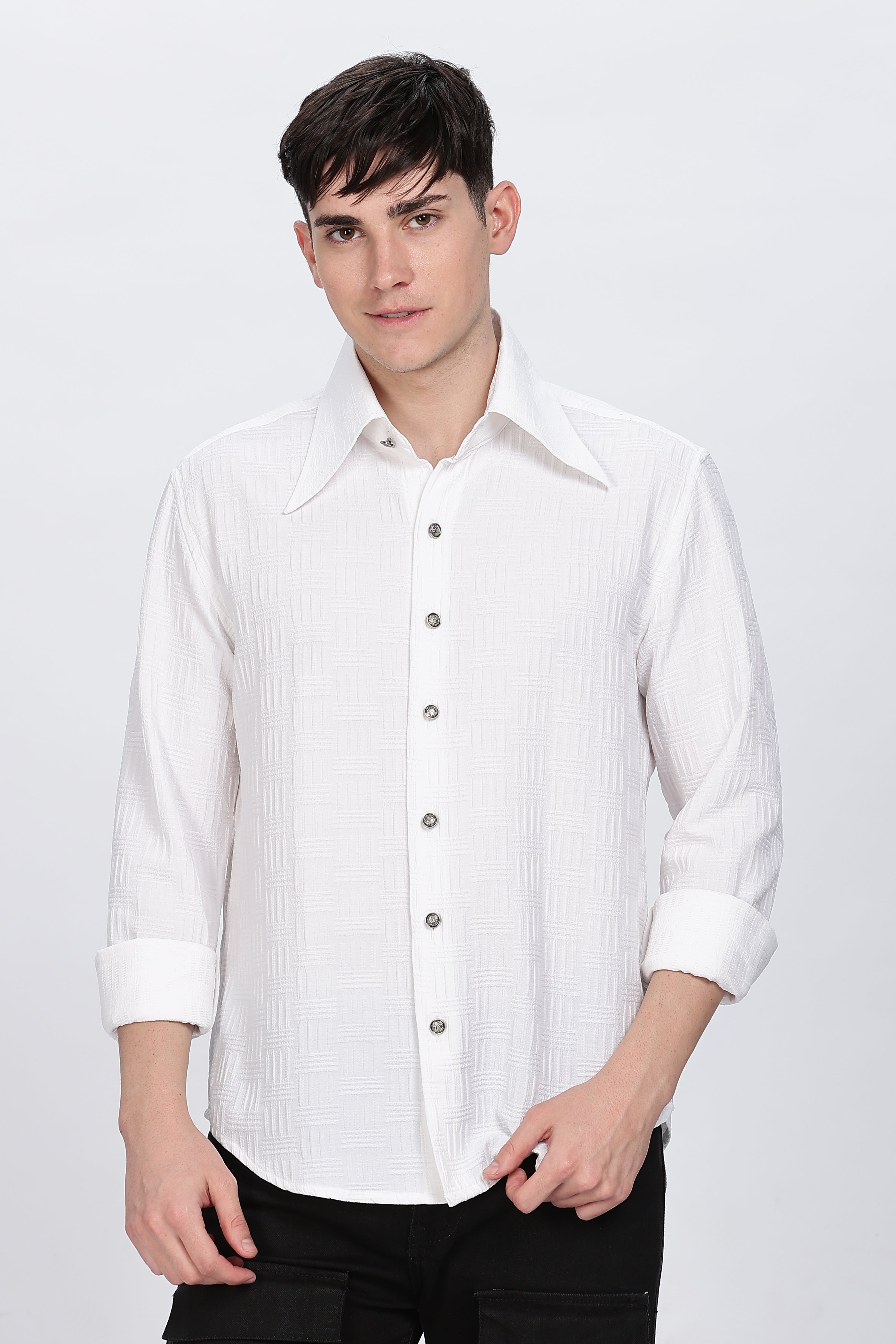 Cotton Solid White Full Sleeve Shirt Retro Men