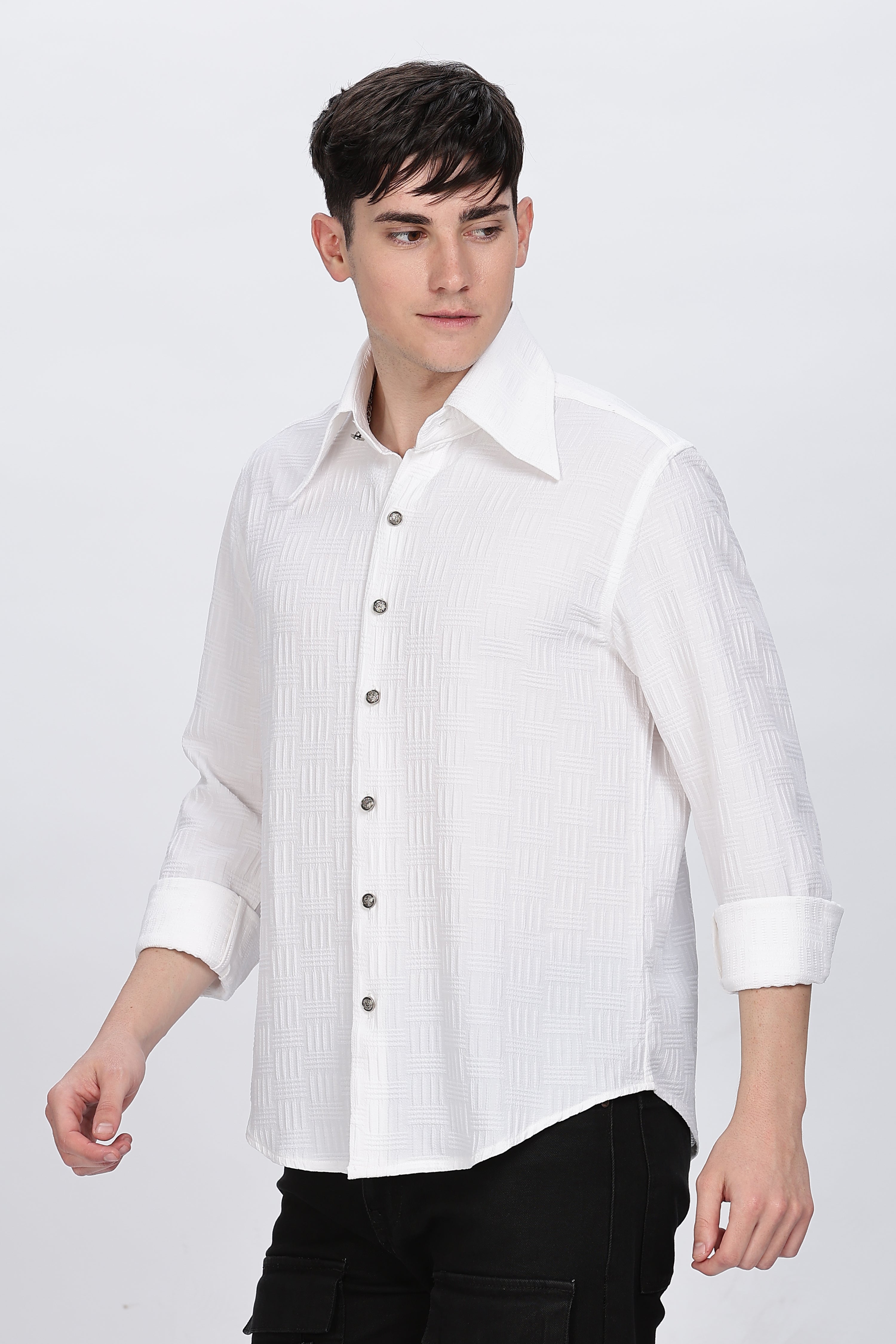 Cotton Solid White Full Sleeve Shirt Retro Men-6
