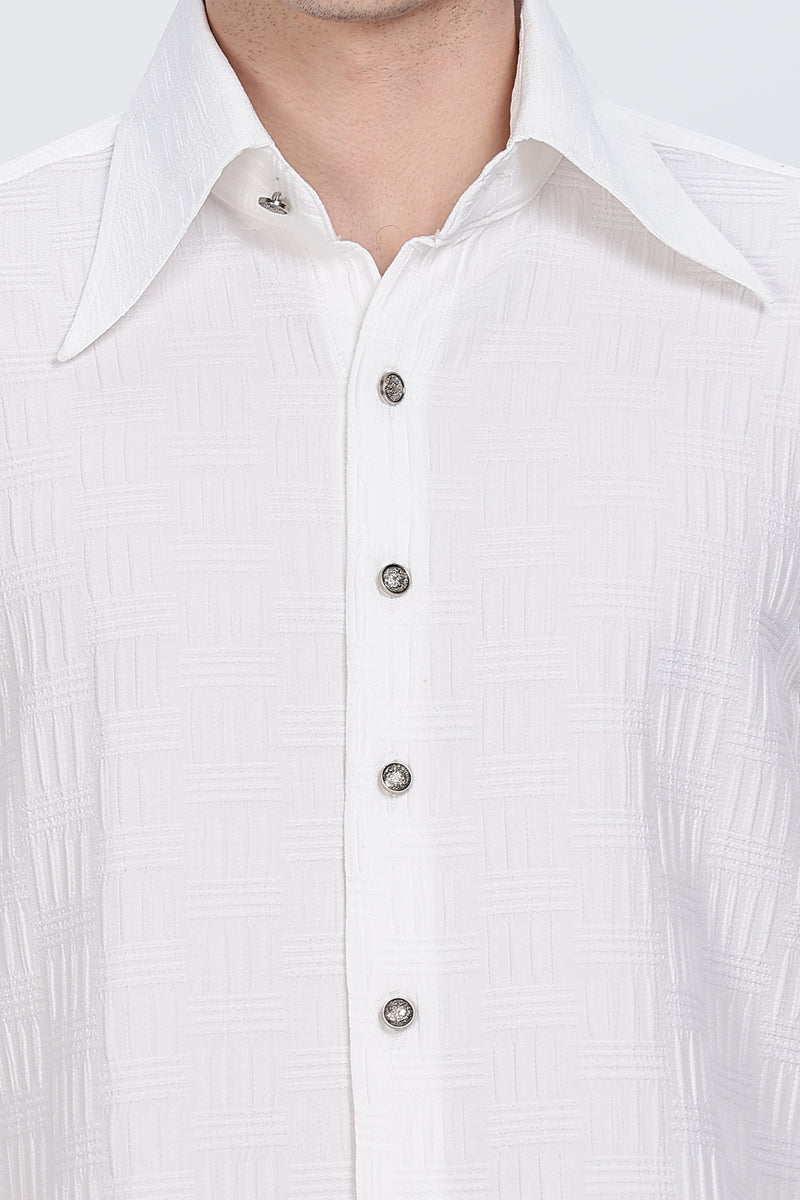 Cotton Solid White Full Sleeve Shirt Retro Men-4