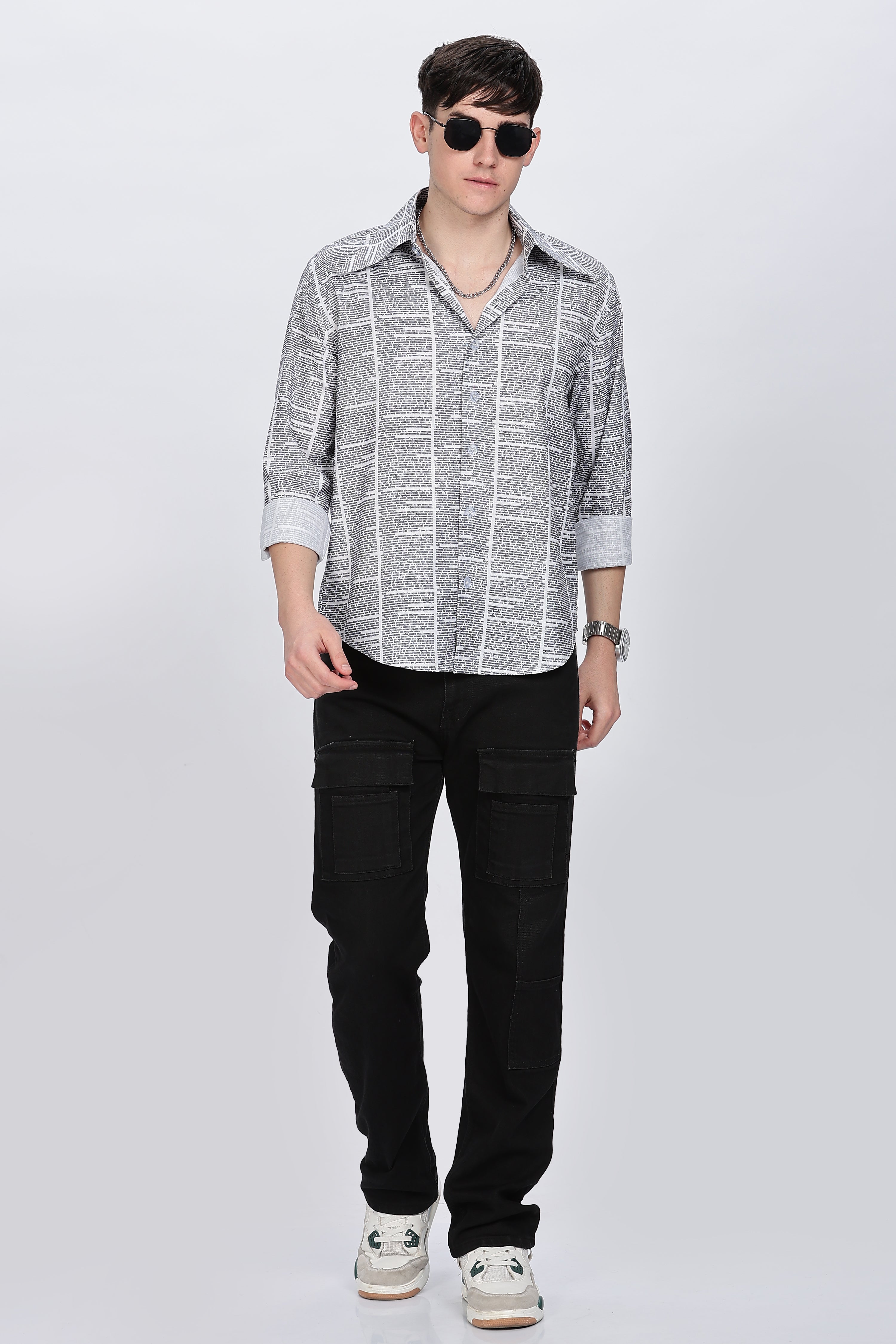Regular Fit News Paper Printed Full Sleeve Collar Casual Shirt Retro Men-8