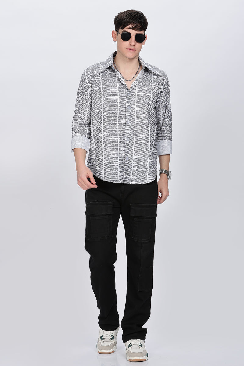 Regular Fit News Paper Printed Full Sleeve Collar Casual Shirt Retro Men-8