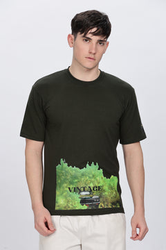 Printed Men Round Neck Dark Green T-Shirt Retro Men-4