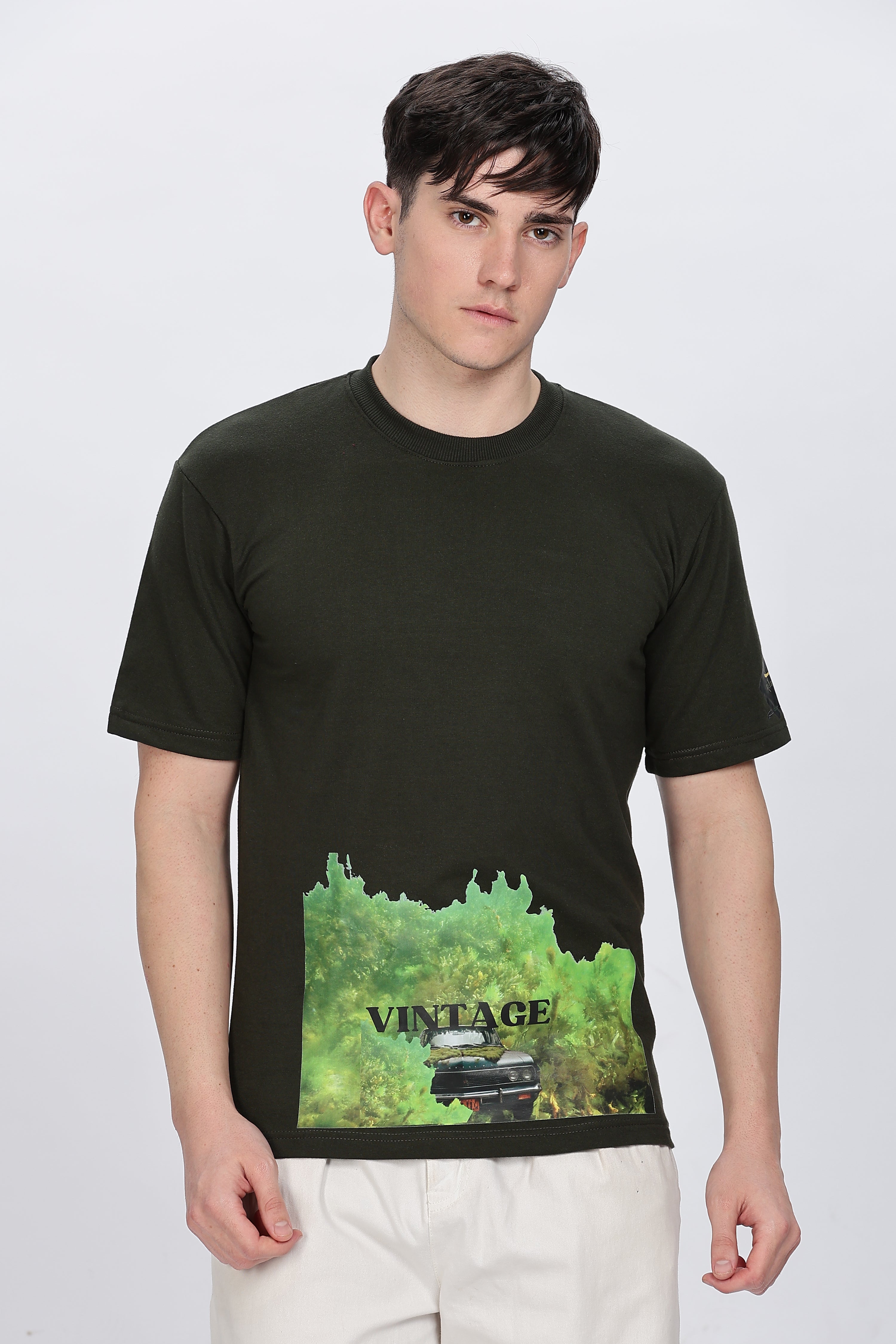 Printed Men Round Neck Dark Green T-Shirt Retro Men-4