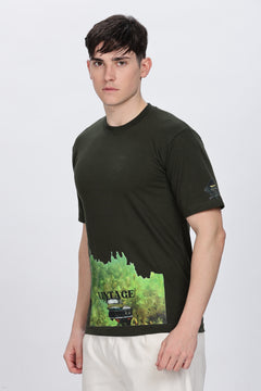 Printed Men Round Neck Dark Green T-Shirt Retro Men-5