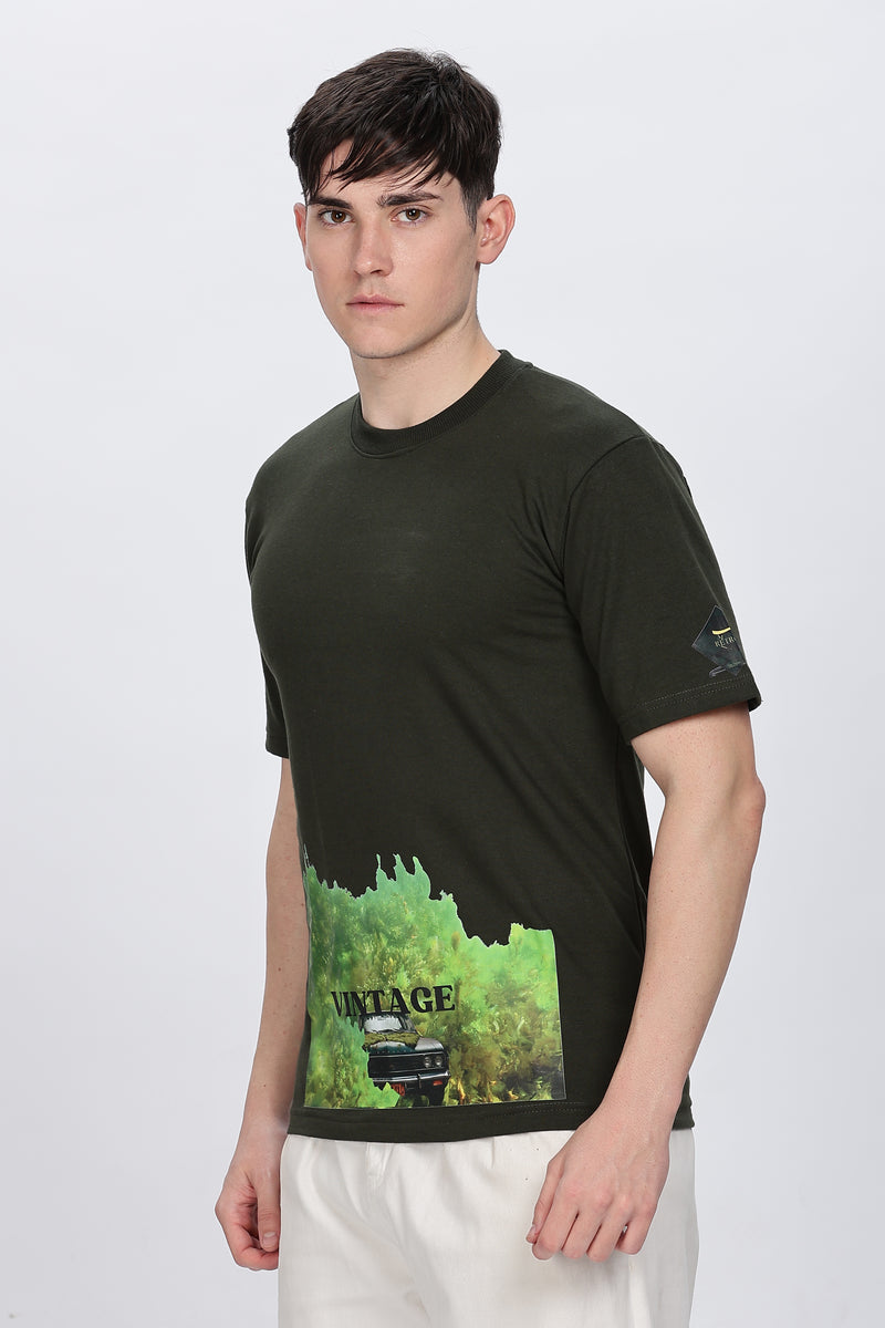 Printed Men Round Neck Dark Green T-Shirt Retro Men-5