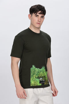 Printed Men Round Neck Dark Green T-Shirt Retro Men-6