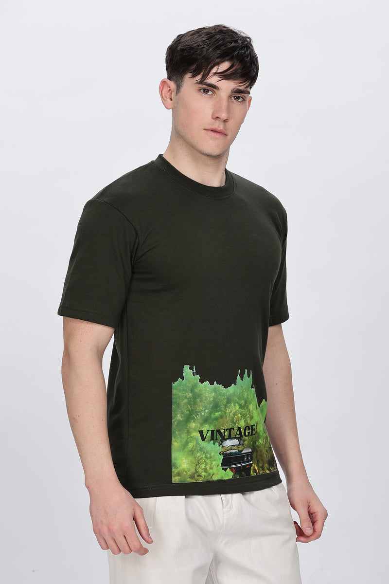 Printed Men Round Neck Dark Green T-Shirt Retro Men-6