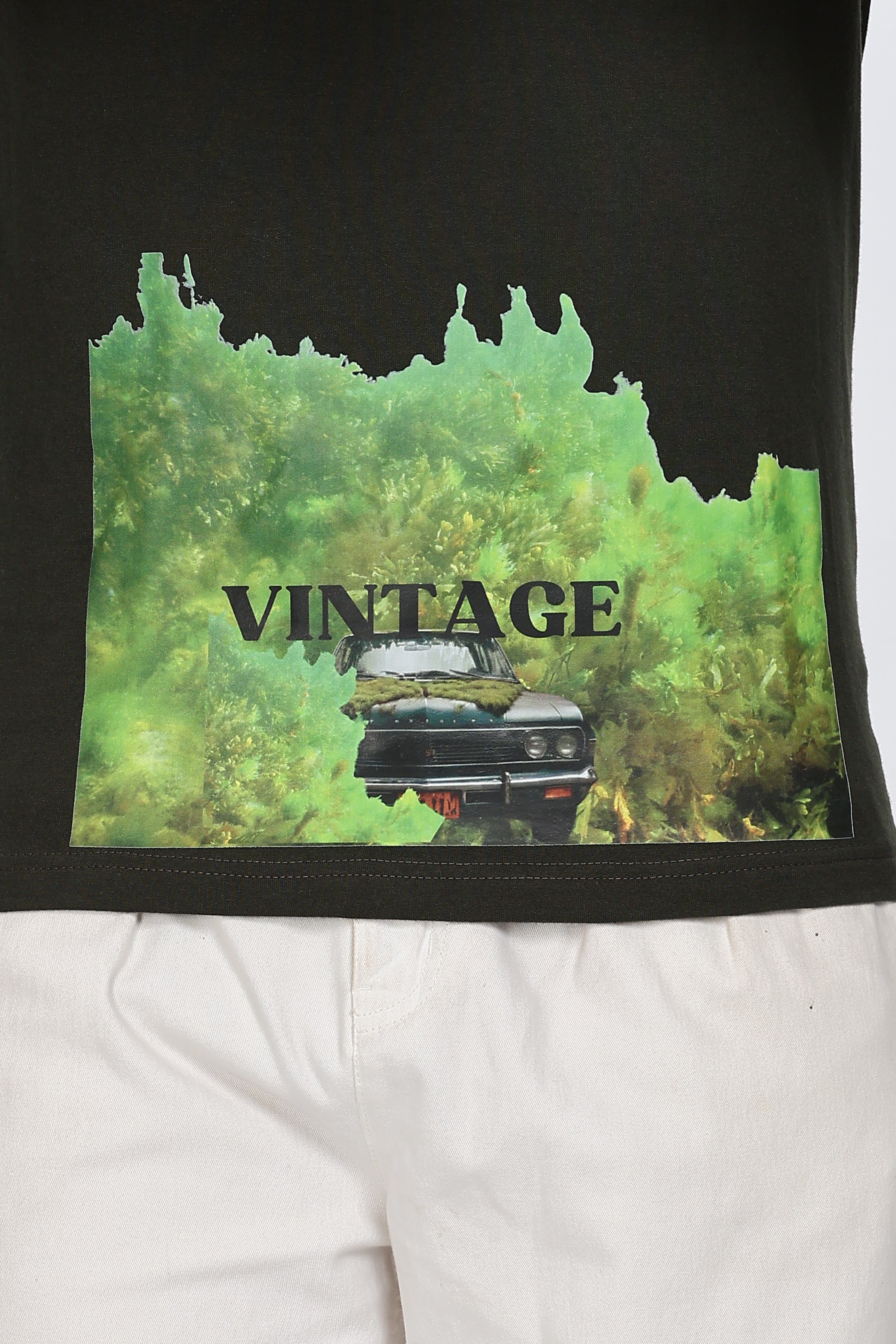 Printed Men Round Neck Dark Green T-Shirt Retro Men
