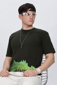 Printed Men Round Neck Dark Green T-Shirt Retro Men-1