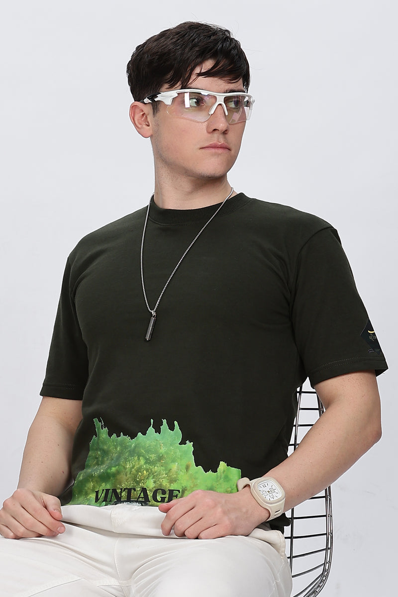 Printed Men Round Neck Dark Green T-Shirt Retro Men-1
