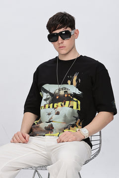 Graphic Print Round Neck Cotton Black T-Shirt Retro Men-1