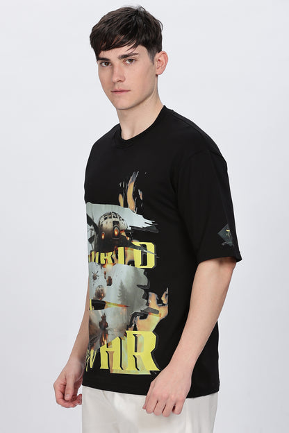 Men Graphic Print Round Neck Cotton Blend Black T-Shirt