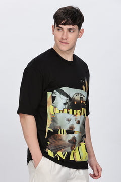 Graphic Print Round Neck Cotton Black T-Shirt Retro Men-7
