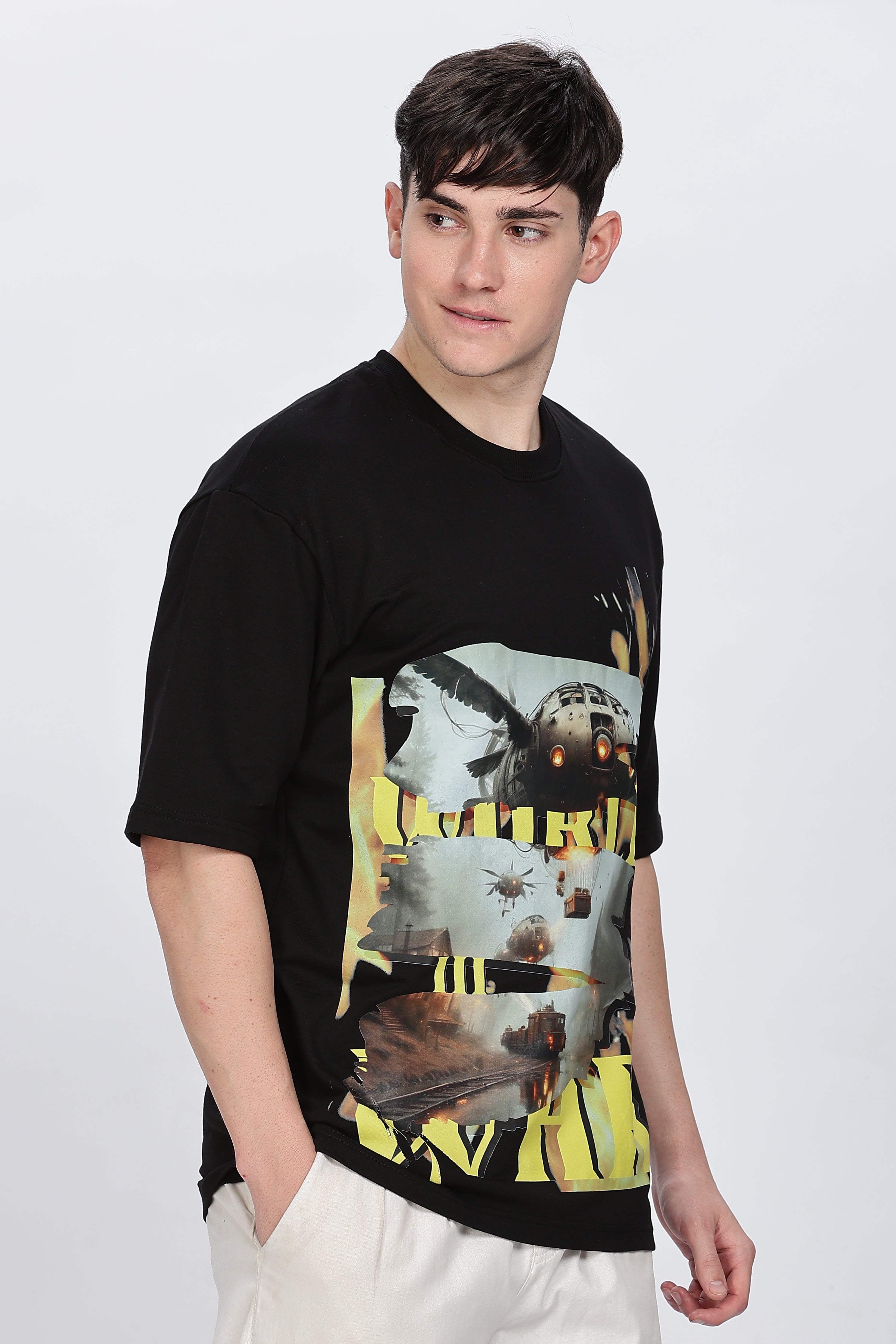 Graphic Print Round Neck Cotton Black T-Shirt Retro Men-7