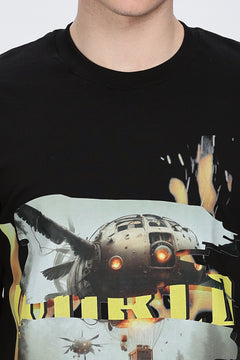 Graphic Print Round Neck Cotton Black T-Shirt Retro Men-8