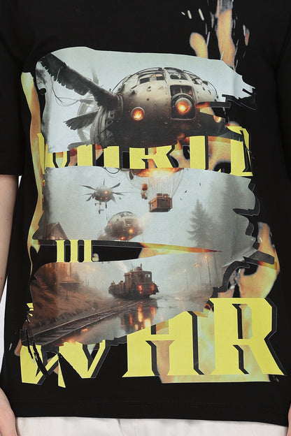 Men Graphic Print Round Neck Cotton Blend Black T-Shirt