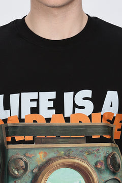 Printed Men Round Neck Black T-Shirt Retro Men-5