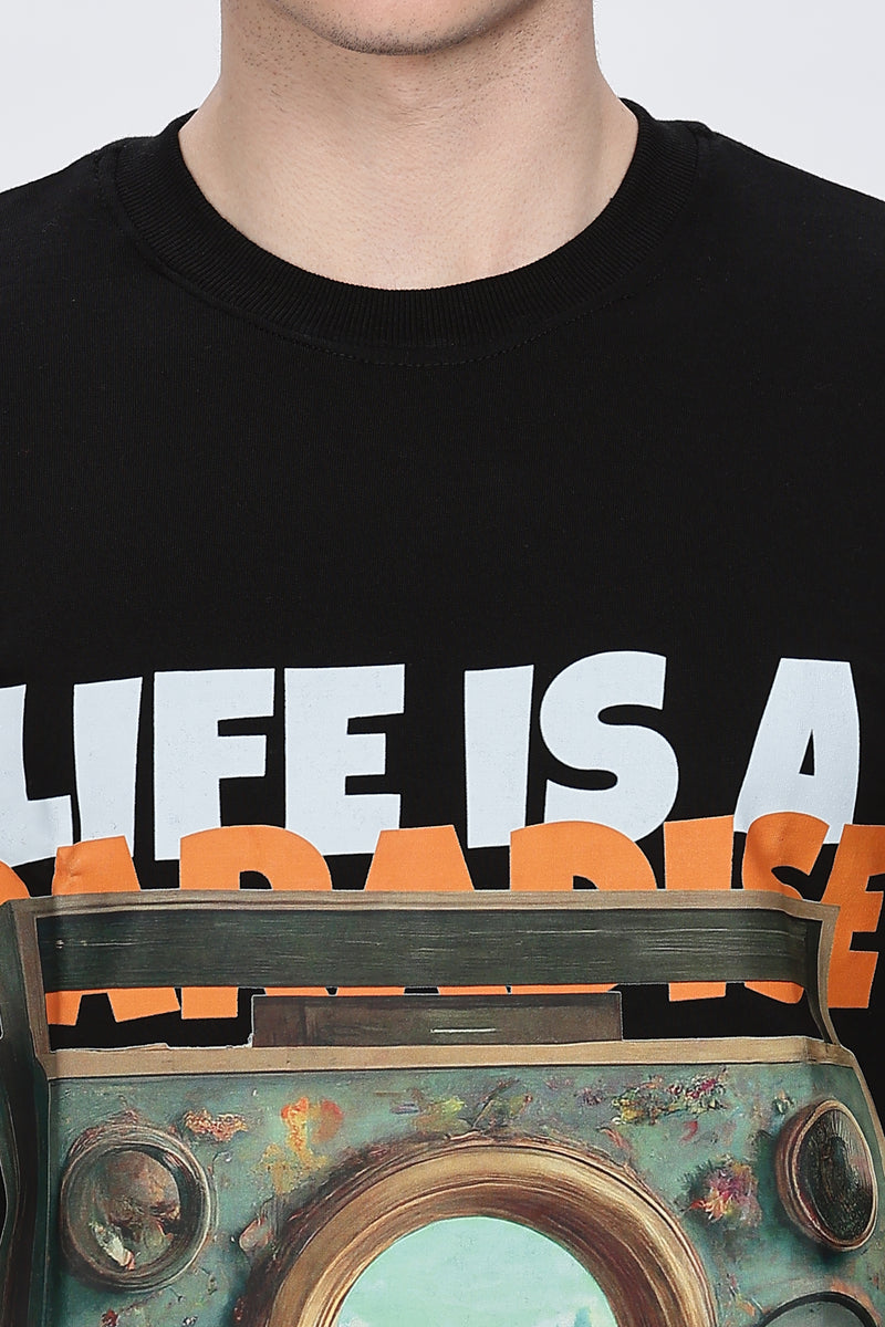 Printed Men Round Neck Black T-Shirt Retro Men-5