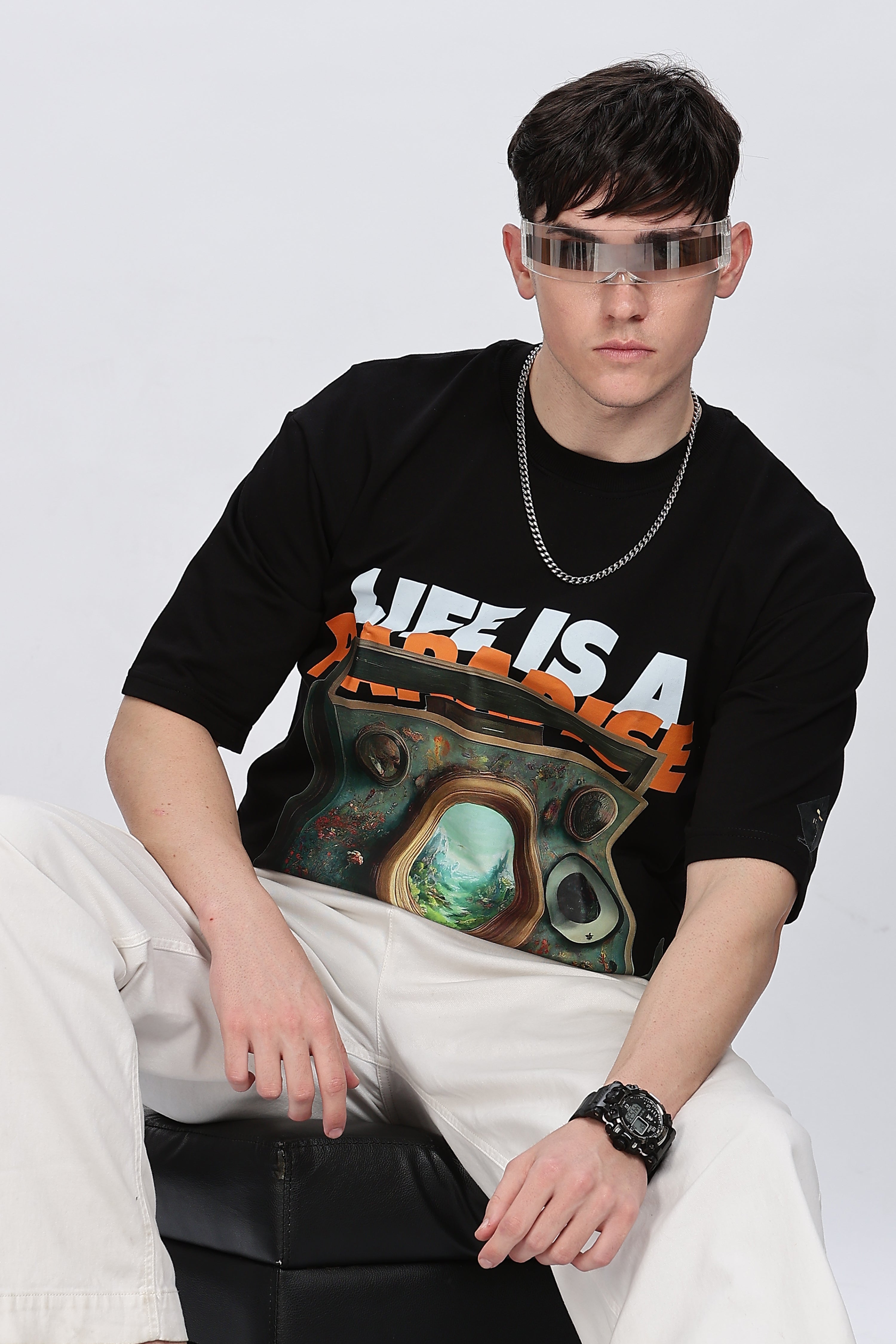 Printed Men Round Neck Black T-Shirt Retro Men-9