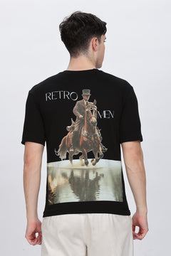 Horse Printed Men Round Neck Black T-Shirt Retro Men-1