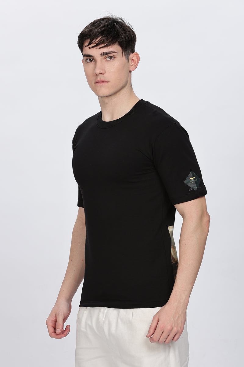 Horse Printed Men Round Neck Black T-Shirt Retro Men-6