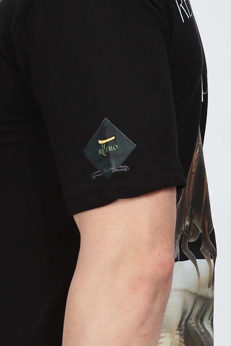 Horse Printed Men Round Neck Black T-Shirt Retro Men-5