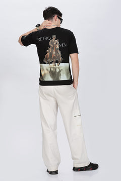 Horse Printed Men Round Neck Black T-Shirt Retro Men-3