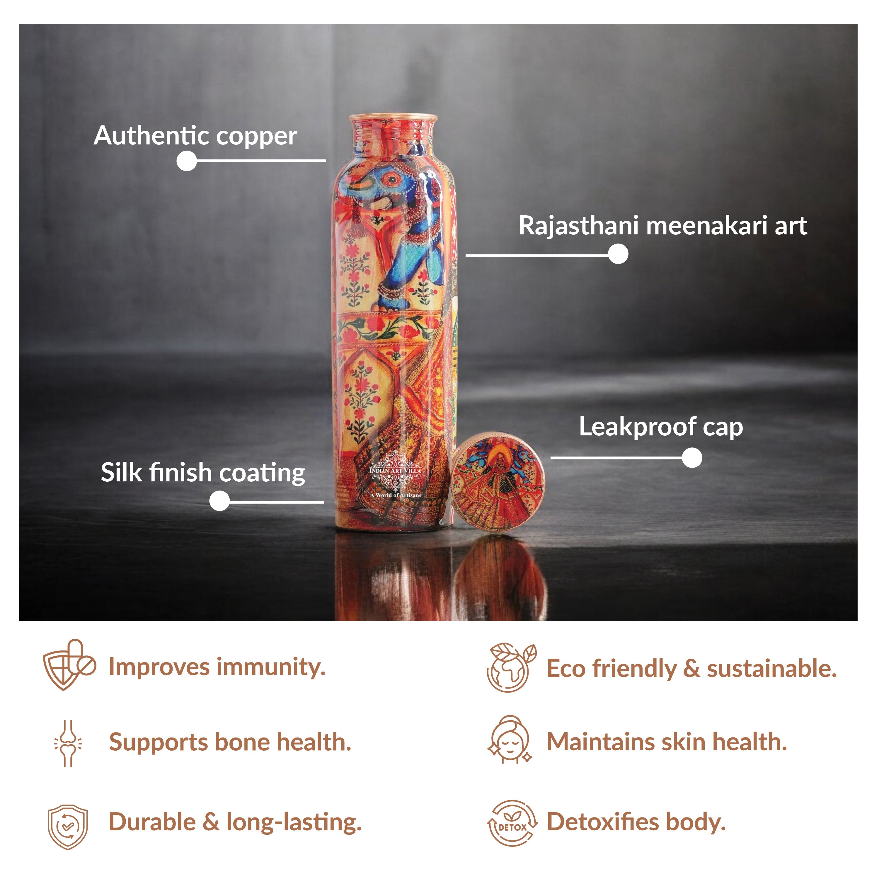 Tamba Bottle with Rajasthani Meena 'Padharo Mhare Desh' Design – 900 ML