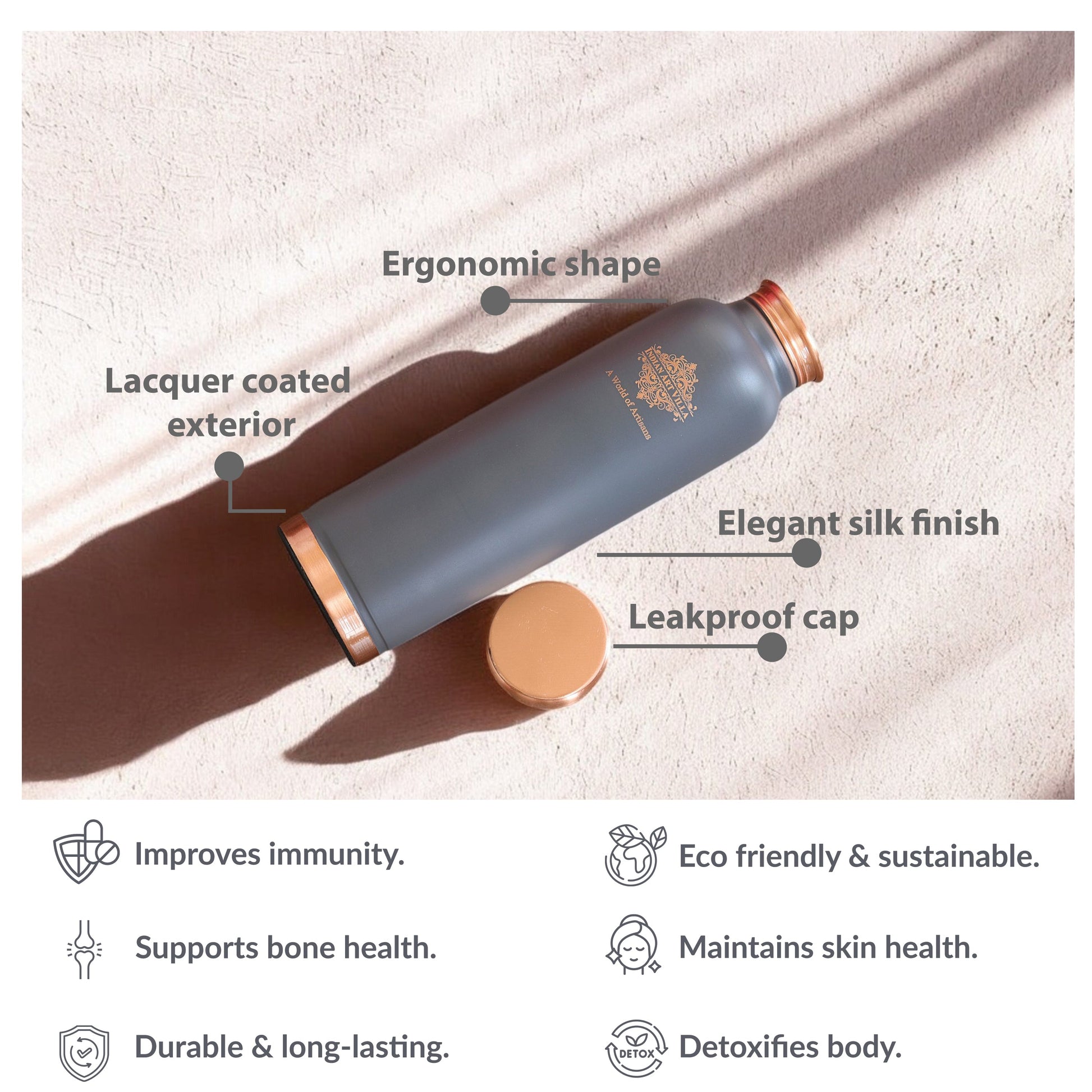 Pure Copper Water Bottle with Soft Matte Finish Color – 900 ML